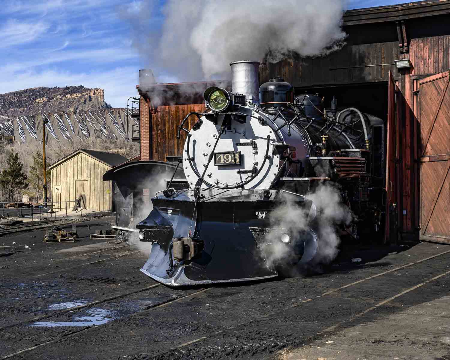 Steam engine exiting roundhouse