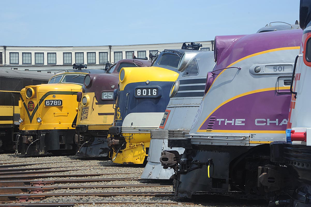 Six trains lined up in a rail yard