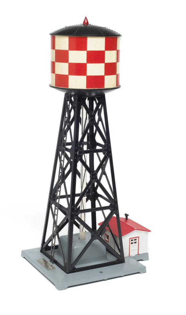 red, white, and silver model water tower: American Flyer No. 772 water tower