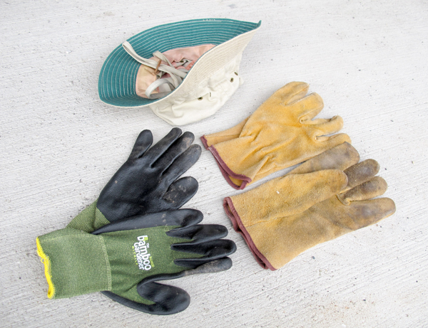 two pairs of gardening gloves and a hat