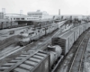 a diesel train in a train yard with freight trains