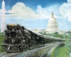 a painting of a steam train in the foreground with the United State's capitol building in the background