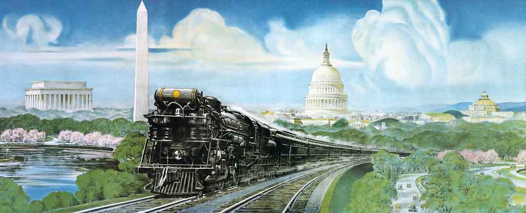 a painting of a steam train in the foreground with the United State's capitol building in the background