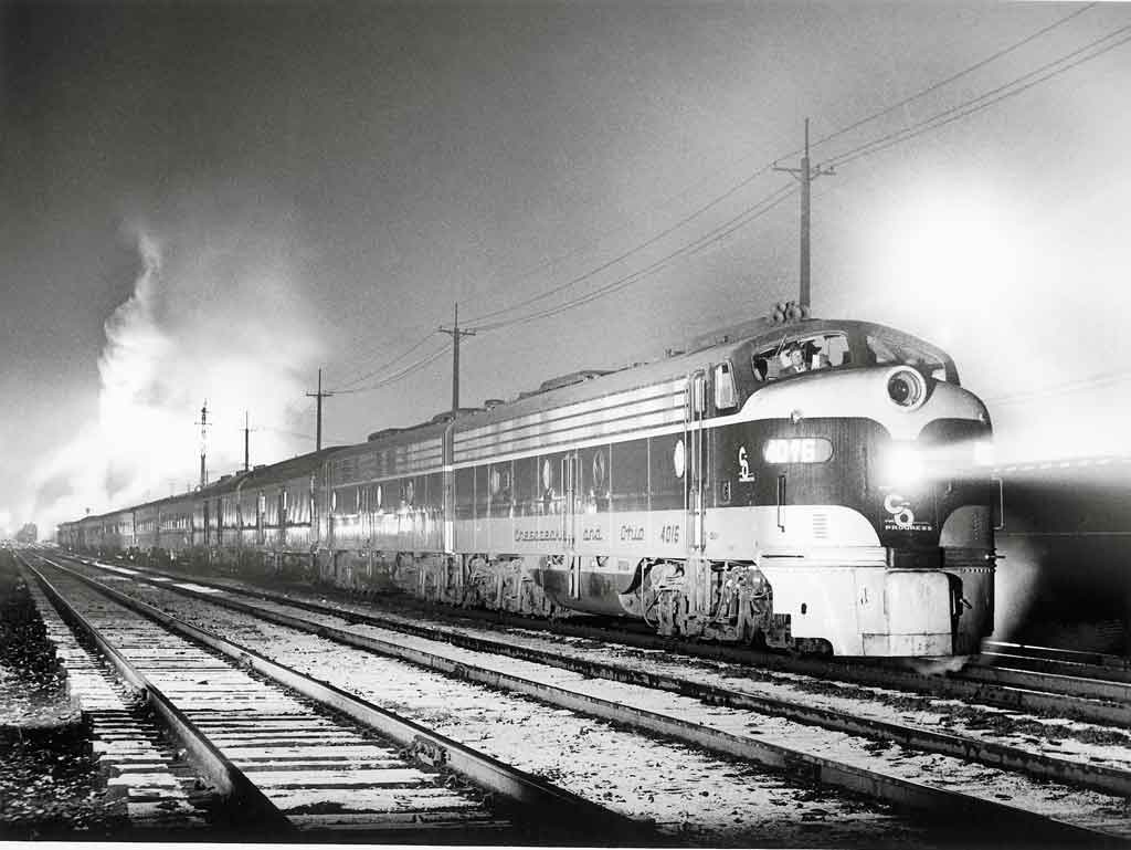 a diesel passenger train at night