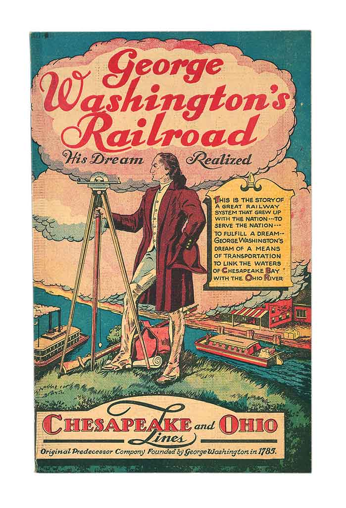 a comic book cover showing george washington standing on a hill overloocking the ohio river and chesapeake bay