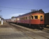 An orange and red locomotive sitting on the tracks next to some telephone polls 