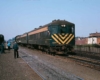 A green train with yellow stipes approaching people outside a train station