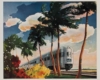 a painting of a passenger train and some palm trees