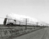 A black and white photo of a train traveling through a rural area