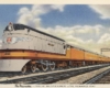 A postcard with a orange and white locomotive on it