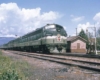 A green and white locomotive on the tracks