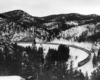 a diesel passenger train rounding a curve surrounded by woods