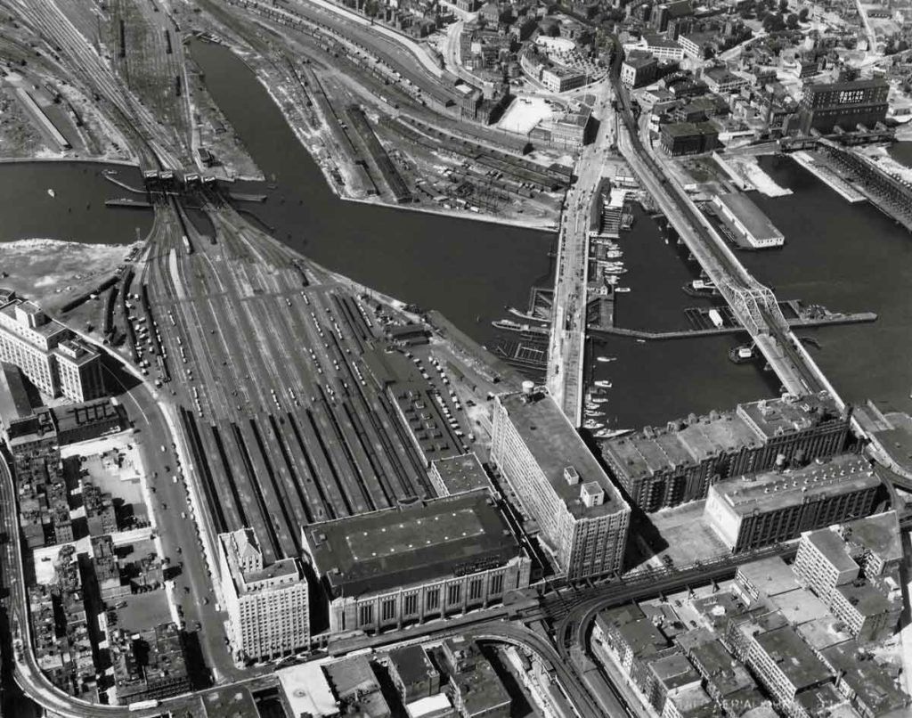 A black and white overhead shot of the city of Boston