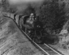 A black and white photo of a locomotive with smoke coming out of its chimney as it moves through the trees