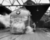 A black and white photo of a conductor posing with a train