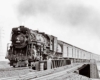 A black and white photo of a train passing by