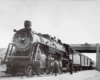 a steam engine and passenger cars under a bridge