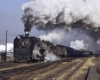 A train passing by with big white smoke coming out of its chimney