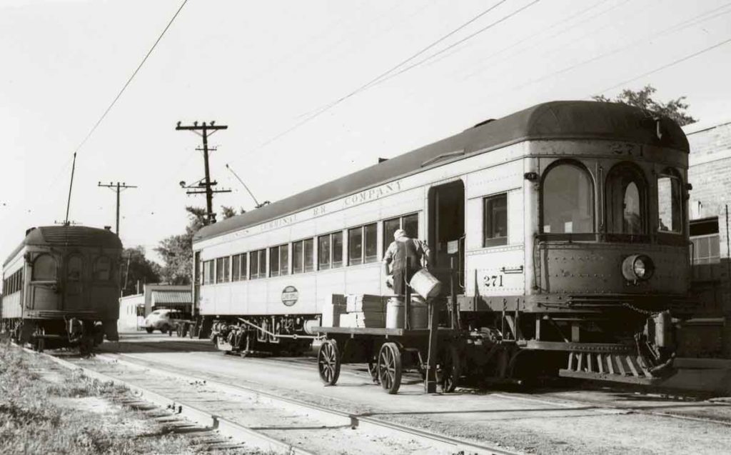 Illinois Terminal interurban car receiving freight or parcels.