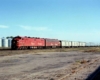 A red train passing through a rural area