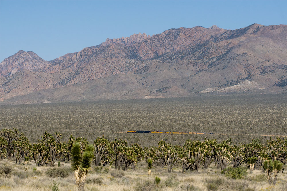 A distant shot of a train passing through the mountains
