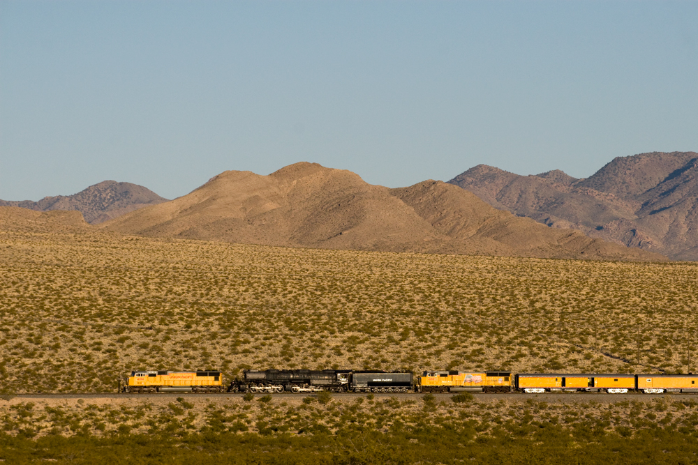 A distant shot of big boy speeding by with the mountains in the background