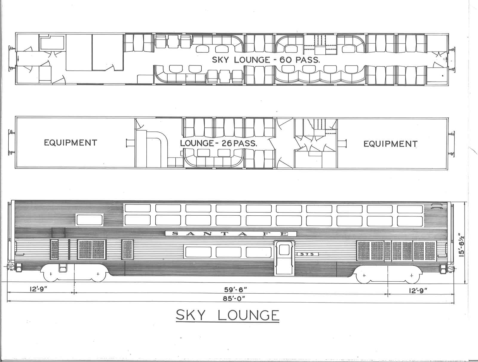 The floorplan of a sky lounge car