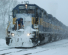 A worker cleaning snow off a train