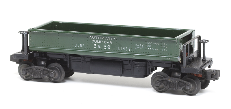 green model dump car: Lionel No. 3459 green dump car