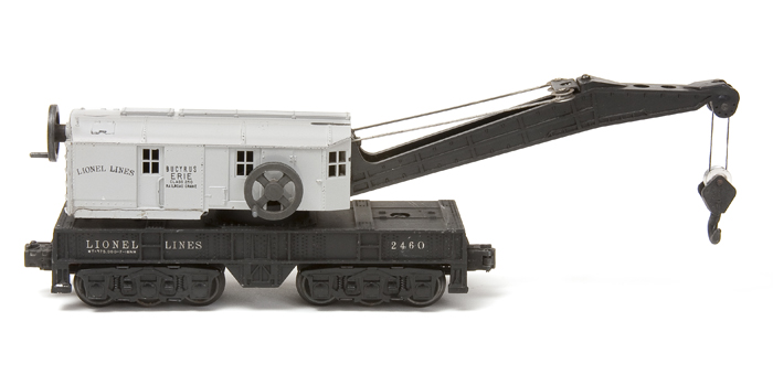 black and silver model crane: Lionel no. 2460 crane car