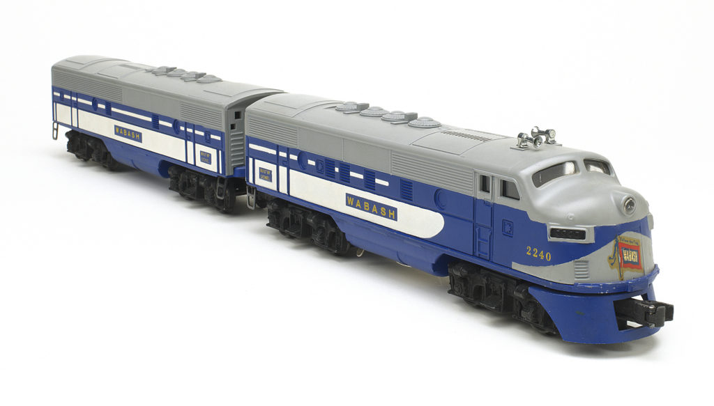 blue and silver model train: Lionel No. 2240 Wabash F3 A-B duo