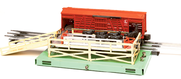 A fully assembled cattle car with loading platform.