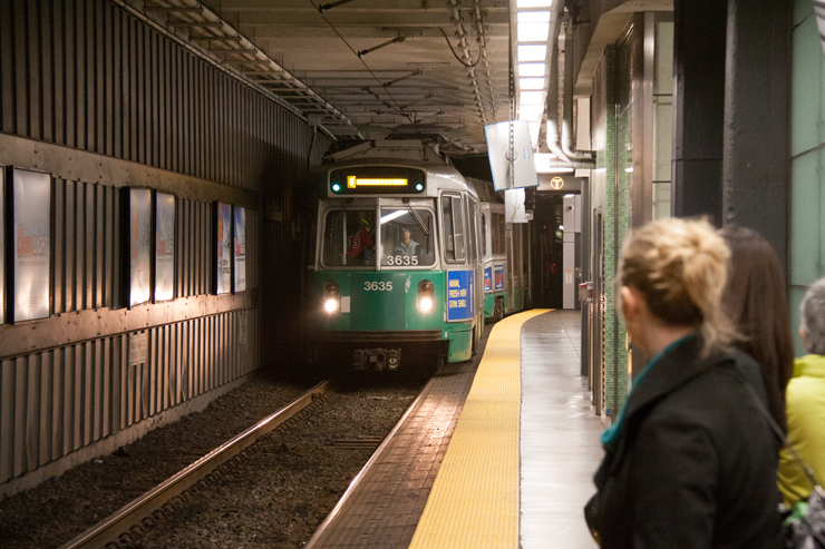 Light rail train arrives at station