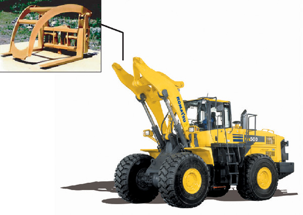 Komatsu WA500-6 wheel loader with Rockland log/pipe grapple.