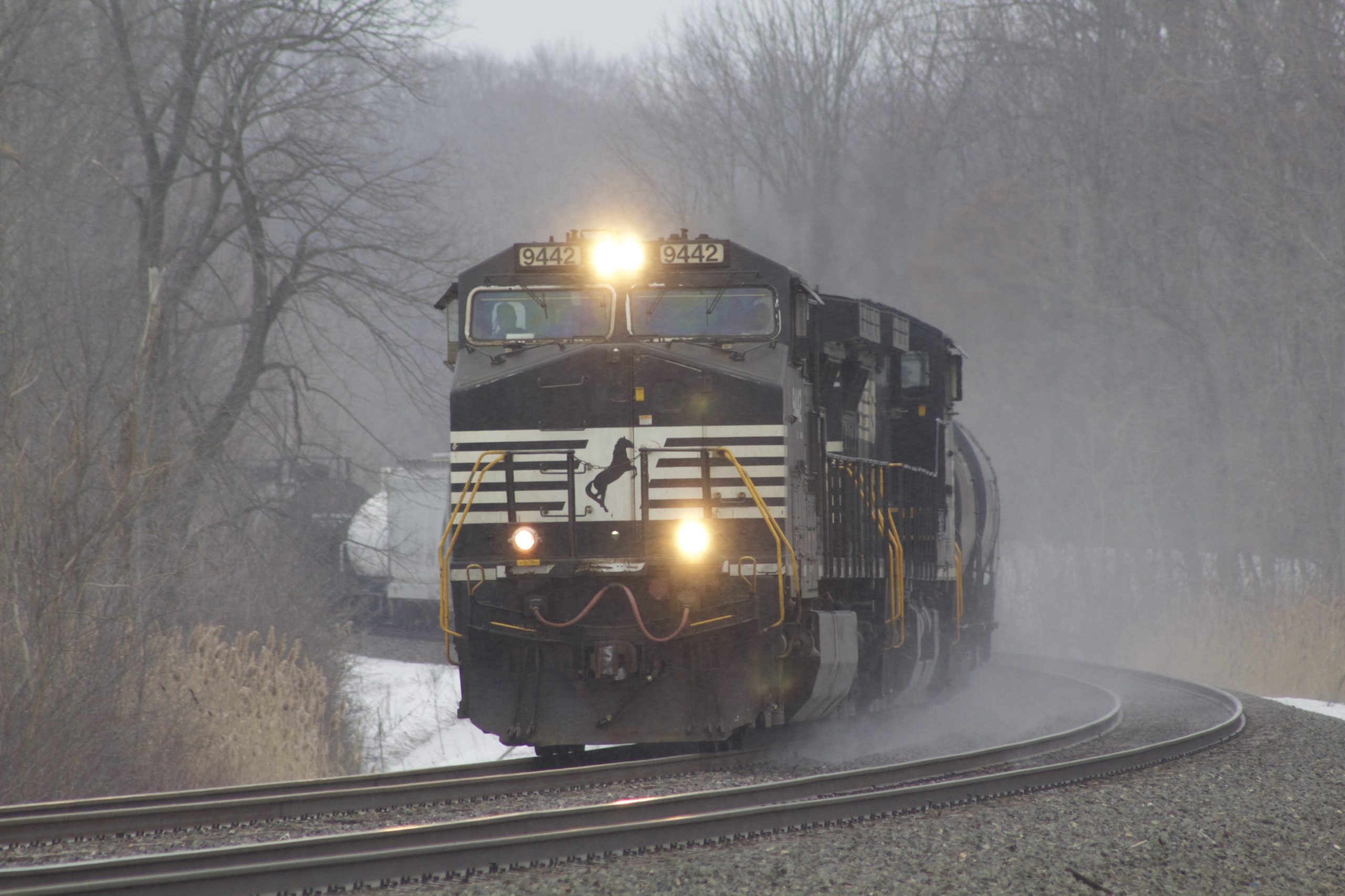 A black and white painted Norfolk Southern locomotive leads a train along NS tracks through a slightly foggy winter afternoon.