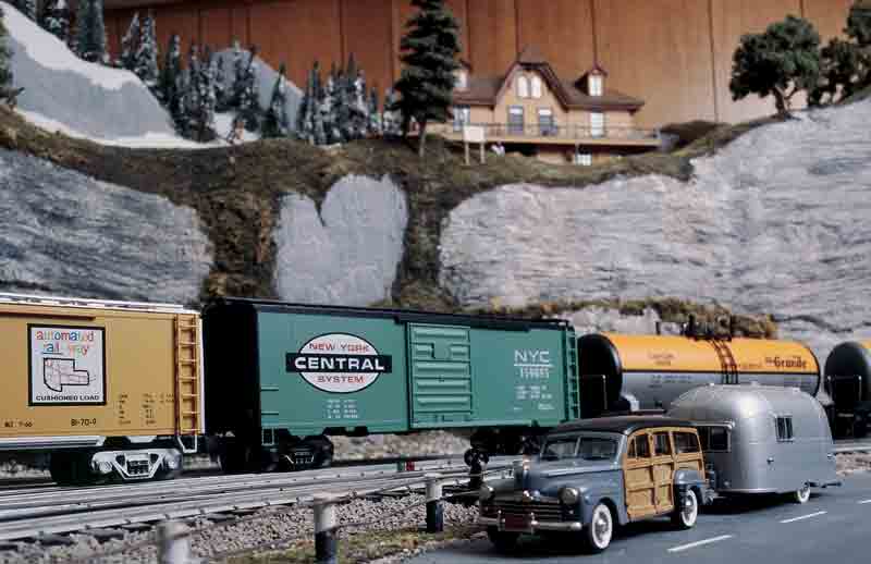 layout scene with boxcars