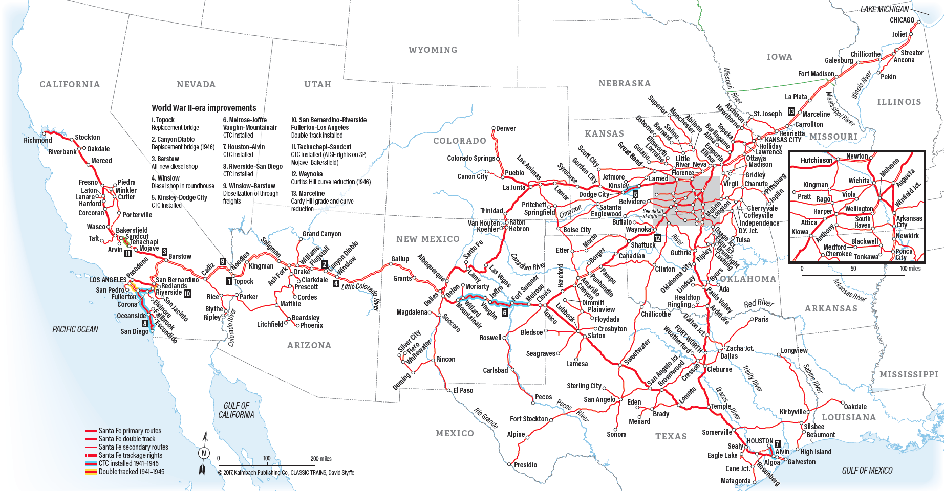 A map of the Santa Fe Railways' major routes and cities.