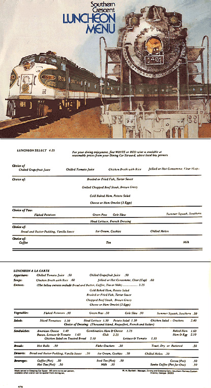 Southern Railway's Southern Crescent luncheon menu