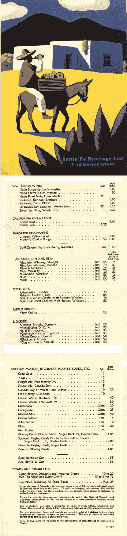 Santa Fe dining car beverage list 