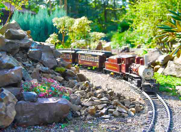 train on garden railway going around curve