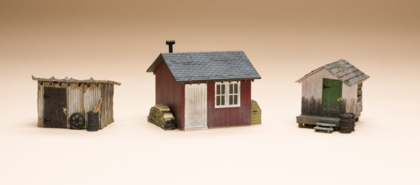 Three O gauge shacks from Woodland Scenics