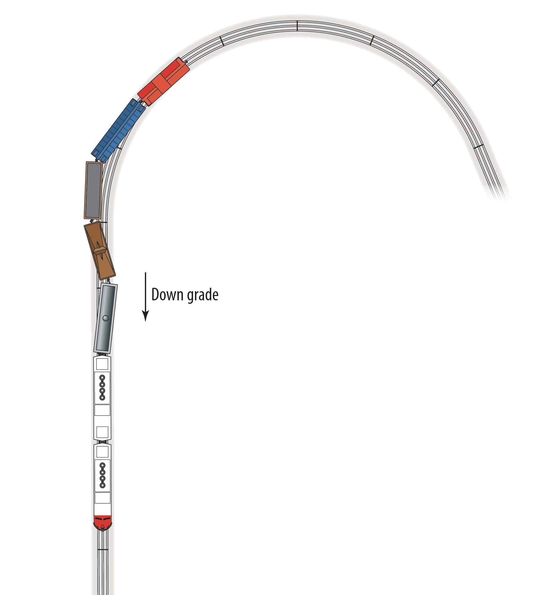 Illustration of a toy train on a downhill grade highlighting a problem with potential derailments.