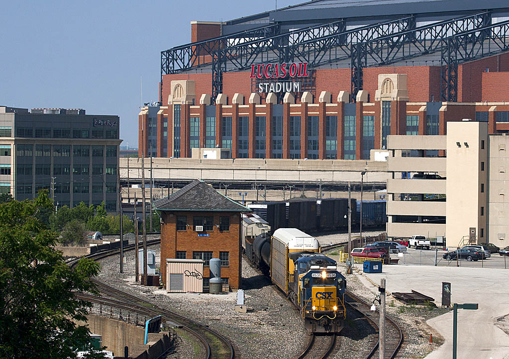 CSX train traveling through the Lucas Oil Stadium