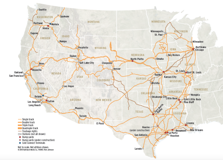 A map of the Union Pacific today — that includes the original route of the Transcontinental