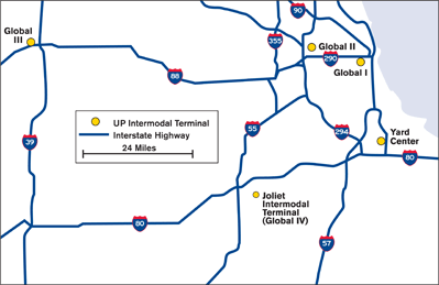 Map showing interstate highways and intermodal termainls