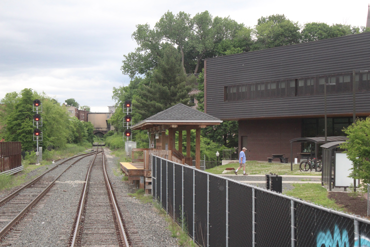 Station in Greenfield, Mass., as seen from on board train