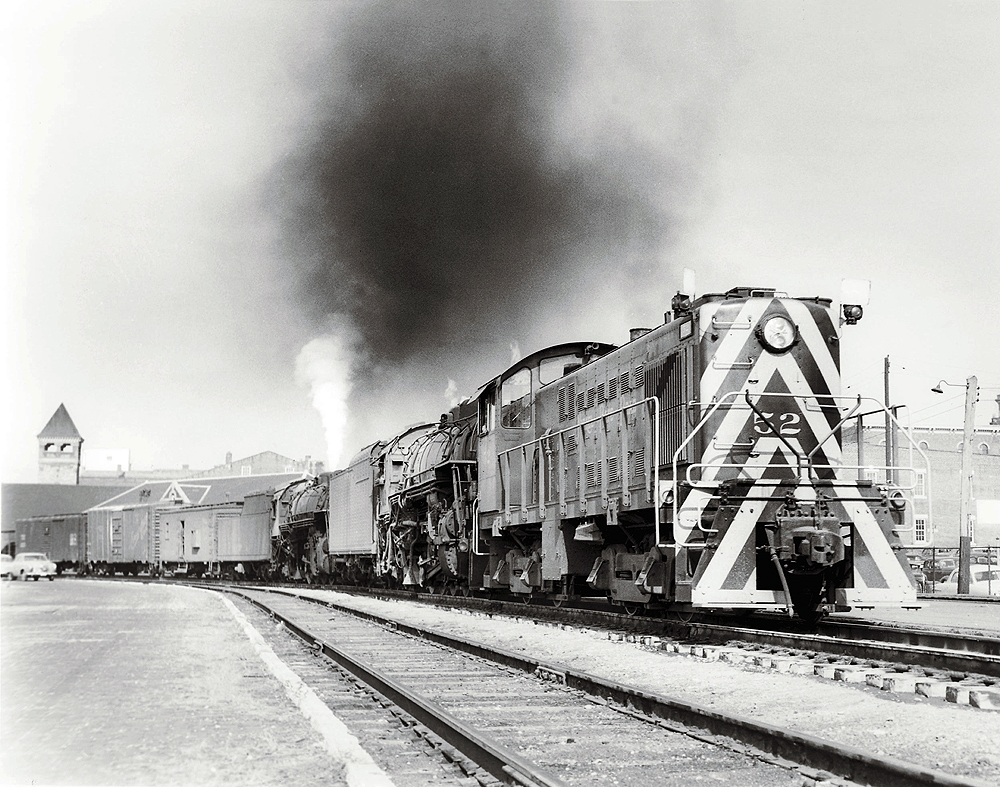 A striped train passing by