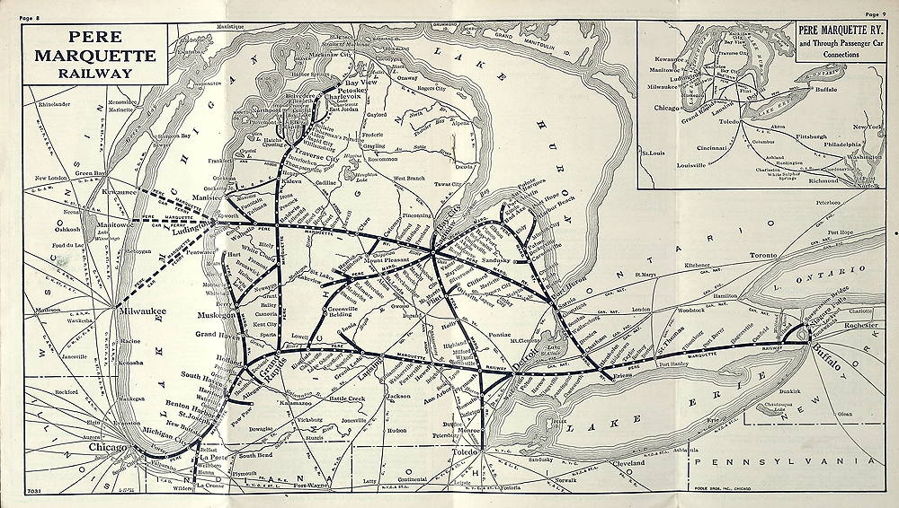 A tan colored map with black printing of the Pere Marquette Railroad. Bigger than it looked: This map, from a 1944 PM timetable, shows the roughly 600-mile breadth of the system (Wisconsin to Buffalo).
