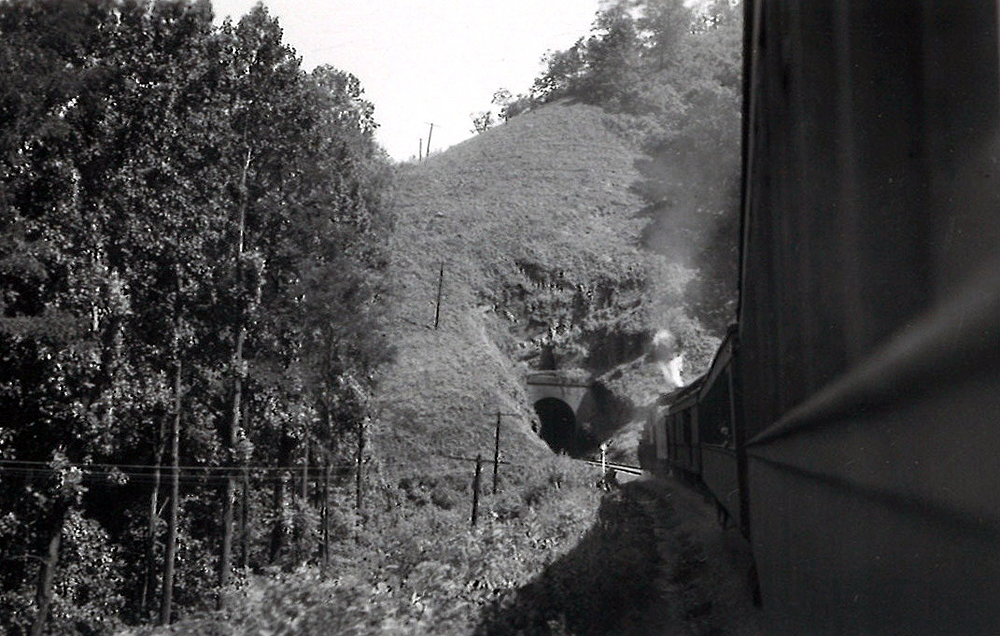 A black and white picture taken out of the window of Train 37 looking back at the train coming out of a tunnel