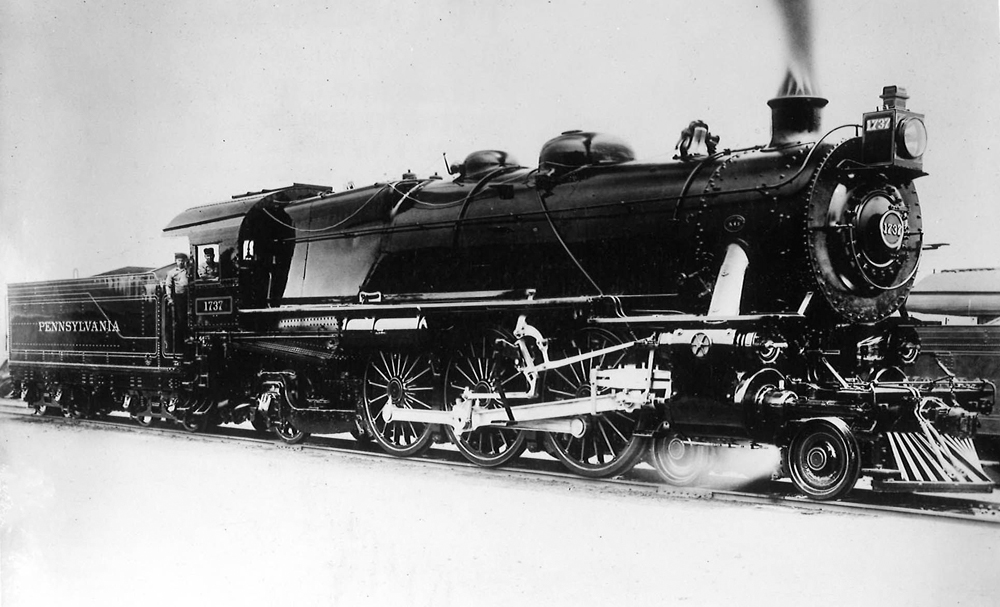 A close up black and white photo of a PRR 1737